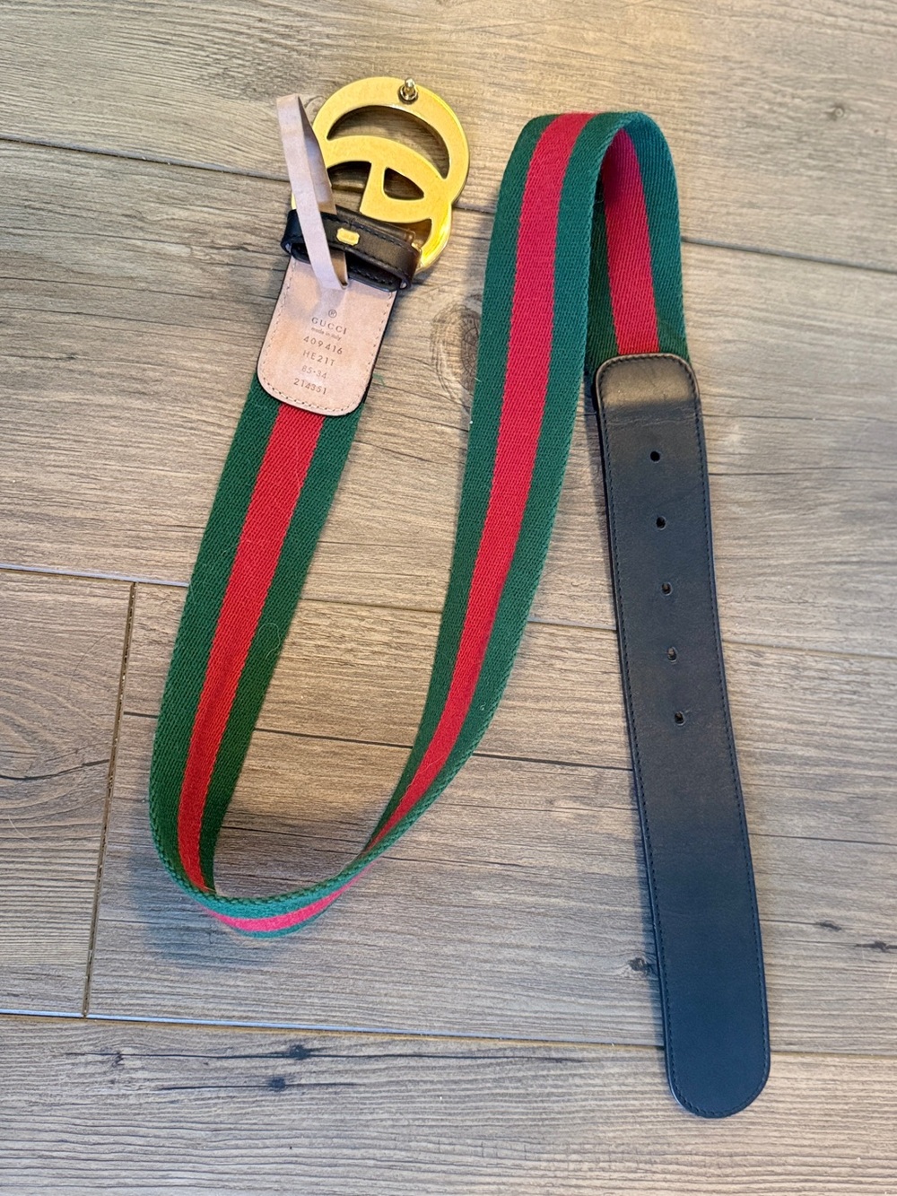 Gucci GG Marmont Web Belt Green Red Stripe Gold Double G Buckle 38” - Picture 5 of 5
